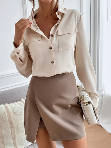 Satin Utility Blouse & Wrap Mini Skirt Set – Cream & Taupe