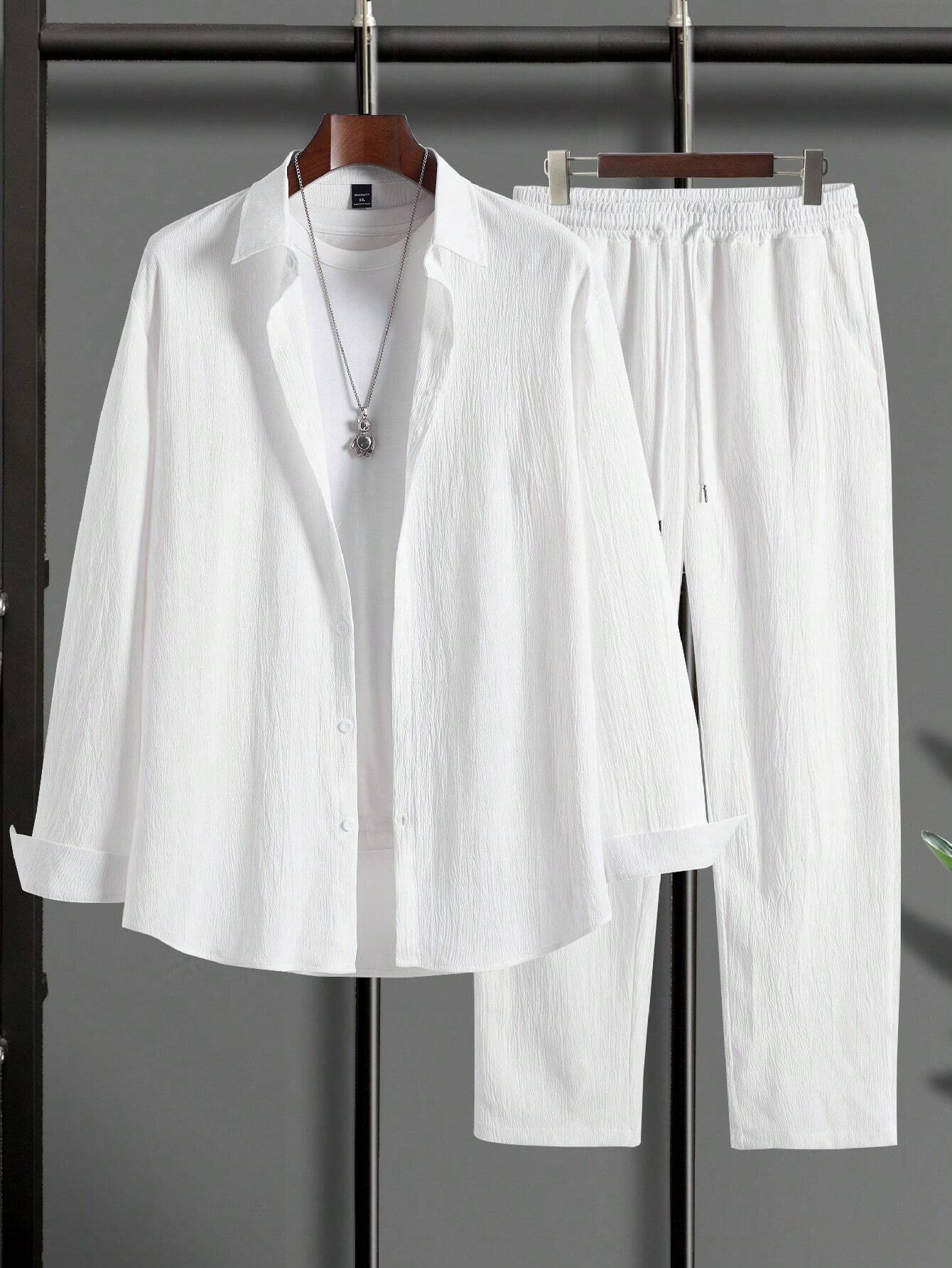 Men's Casual Crinkled Shirt & Drawstring Pants Set