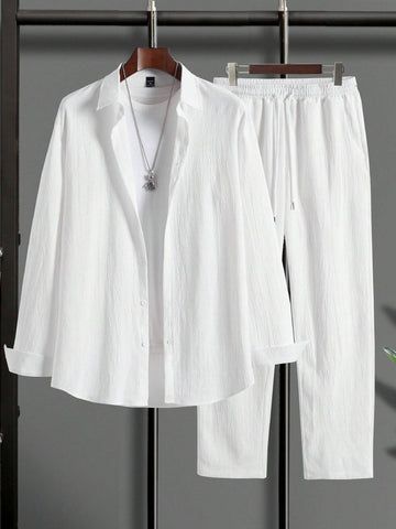 Men's Casual Crinkled Shirt & Drawstring Pants Set