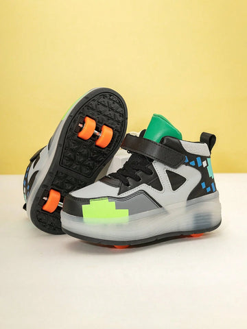 Kids LED Light-Up Roller Sneakers – Pixel Style with Detachable Wheels