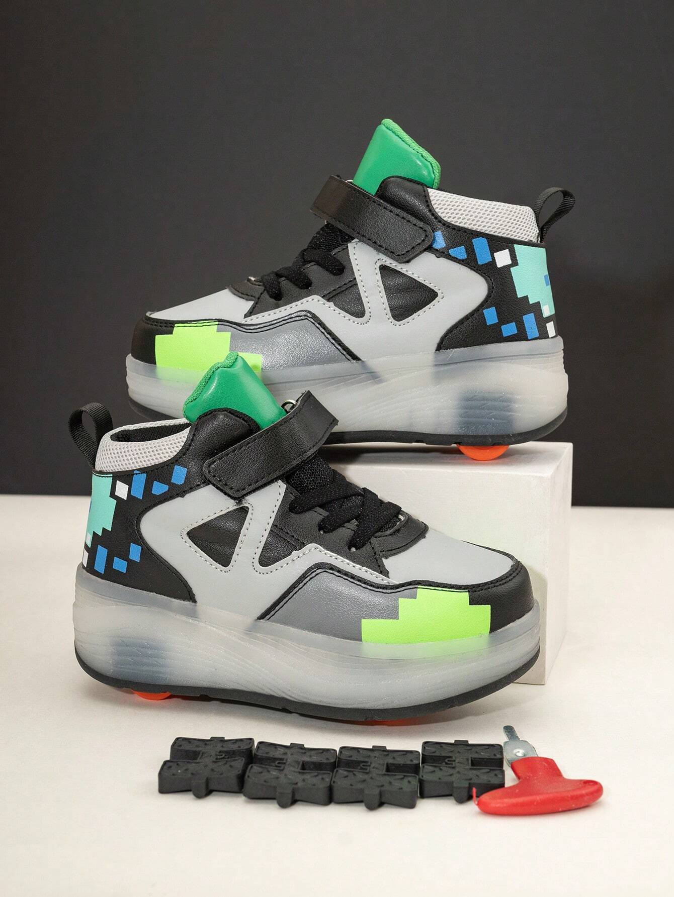 Kids LED Light-Up Roller Sneakers – Pixel Style with Detachable Wheels