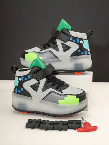 Kids LED Light-Up Roller Sneakers – Pixel Style with Detachable Wheels