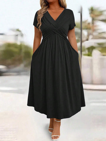 Elegant Black V-Neck Midi Dress