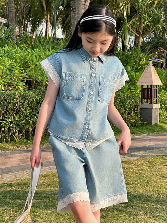 Girl's Summer Denim Set – Sleeveless Top & Shorts with Lace Trim