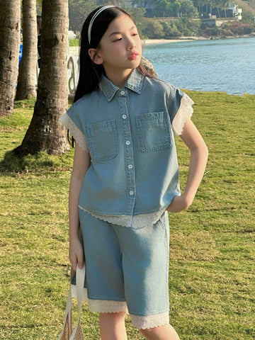 Girl's Summer Denim Set – Sleeveless Top & Shorts with Lace Trim
