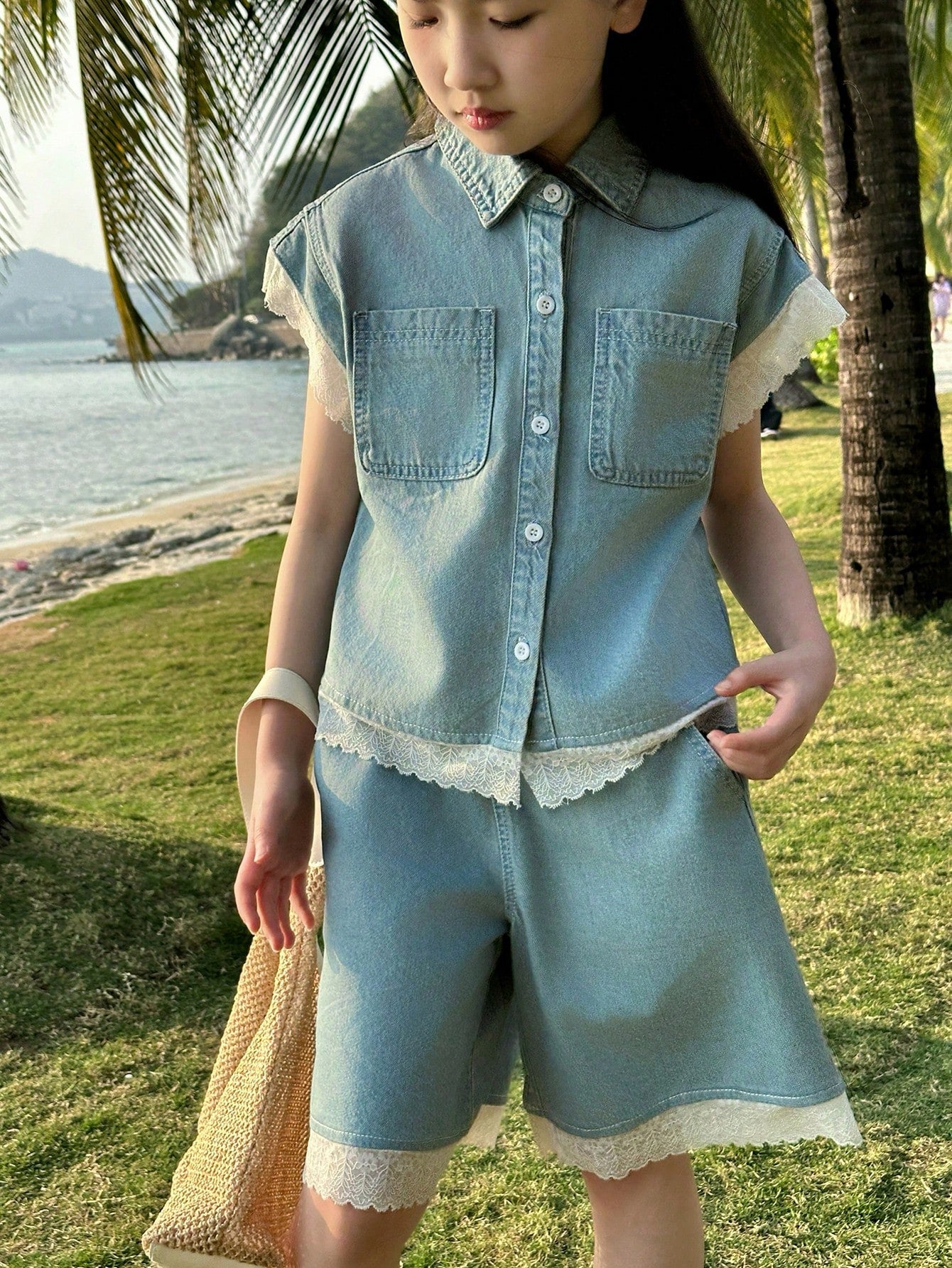 Girl's Summer Denim Set – Sleeveless Top & Shorts with Lace Trim