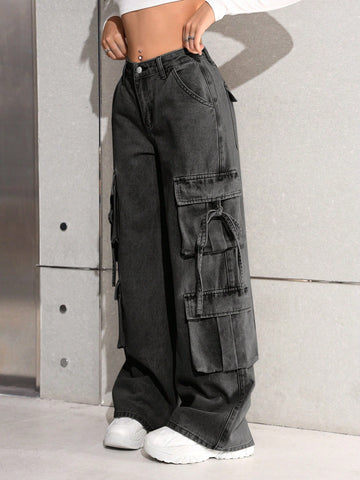 Girl's Black Washed Cargo Jeans – Wide Leg Street Style