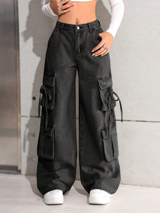 Girl's Black Washed Cargo Jeans – Wide Leg Street Style