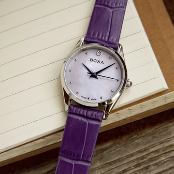 DOXA Elegant Women's Watch – Violet Leather Strap & Pearl Dial