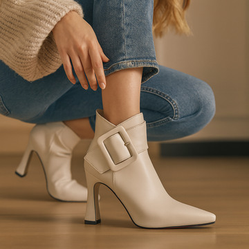 CELESTE BUCKLE HEEL ANKLE BOOTS
