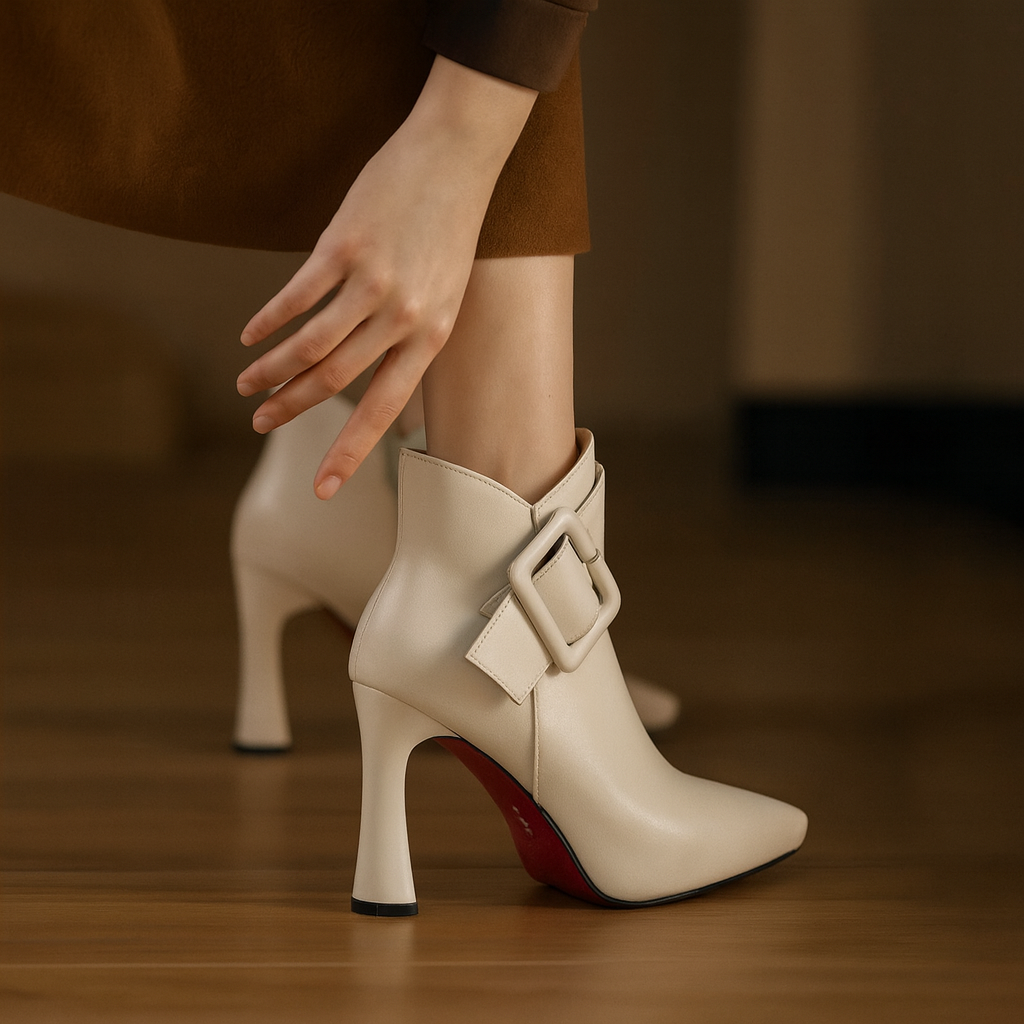 CELESTE BUCKLE HEEL ANKLE BOOTS